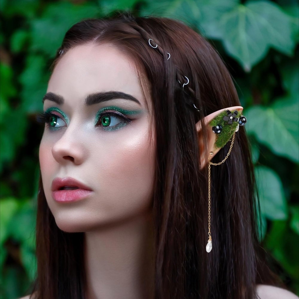 Freshme Black Mushroom Elf Ears With Purple Floral Crown ** Elf Ears ** Cosplay